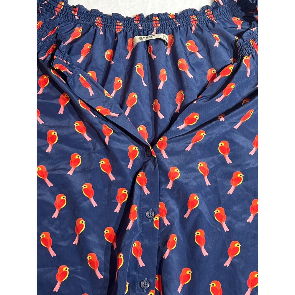 Old Navy Mens Navy Blue Red Bird Print Button Down Smocked Neck Top Large